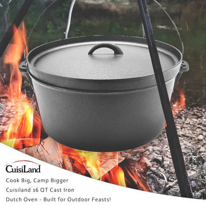 16QT Pre-seasoned Dutch Oven - Lip Lid, No Legs