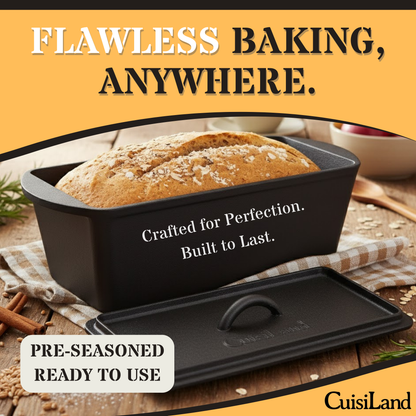 Cuisiland Cast Iron Rectangular Bread Loaf Pan, Heavy Duty 11x4.75x4,25" (14"L/Handles)  with Lid