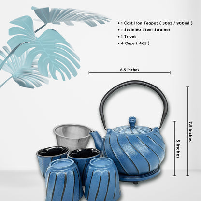Cuisiland Cast Iron teapot with 4 Cups 1 Trivet Set- Enameled Interior and Stainless Steel Infuser