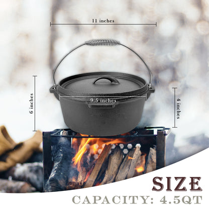 4.5QT Pre-seasoned Dutch Oven - Lip Lid, Flat Base