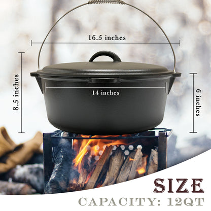 12QT Pre-seasoned Dutch Oven - Dome Lid, Flat Base