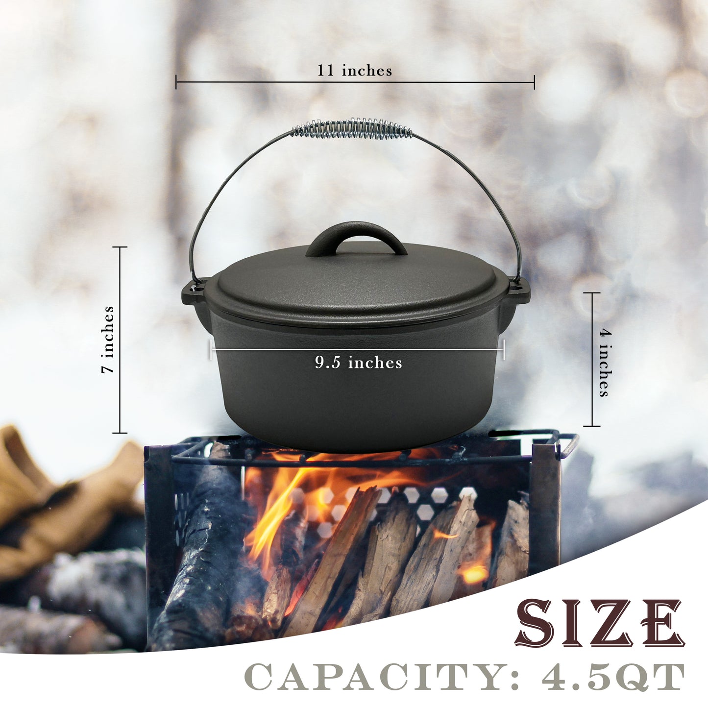 4.5QT Pre-seasoned Dutch Oven - Dome Lid, Flat Base