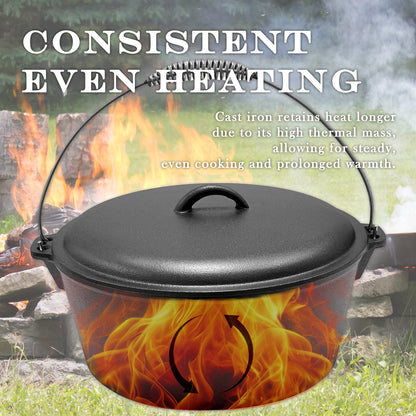 12QT Pre-seasoned Dutch Oven - Dome Lid, Flat Base