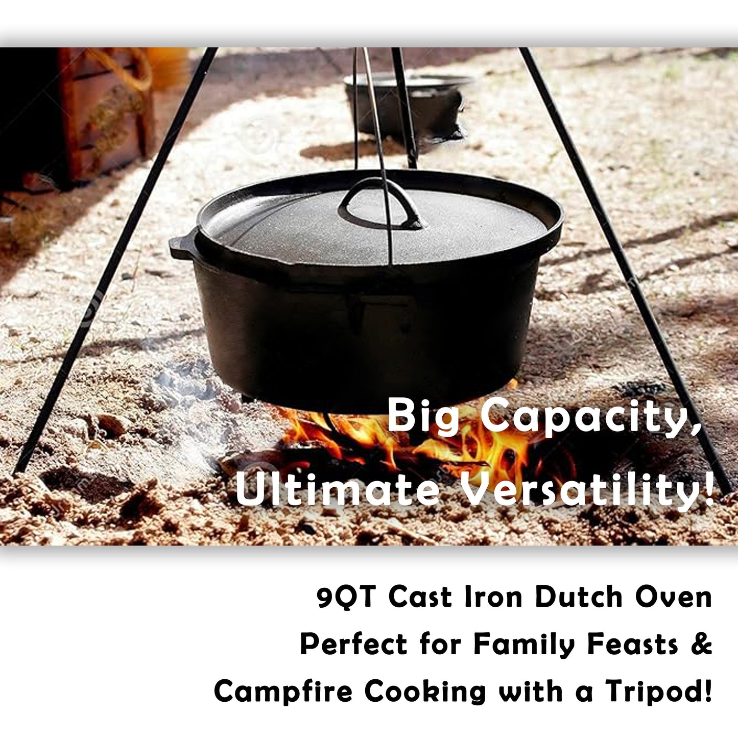 9QT Pre-seasoned Dutch Oven - Lip Lid, Tripod Legs