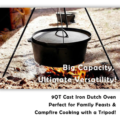 9QT Pre-seasoned Dutch Oven - Lip Lid, Tripod Legs