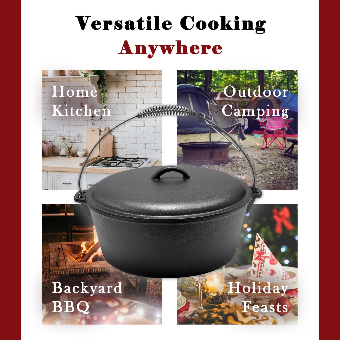 12QT Pre-seasoned Dutch Oven - Dome Lid, Flat Base