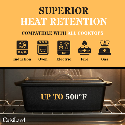 Cuisiland Cast Iron Rectangular Bread Loaf Pan, Heavy Duty 11x4.75x4,25" (14"L/Handles)  with Lid