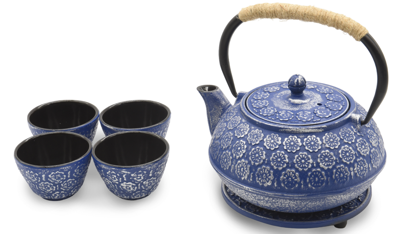 1.0 Liter Enamel Coated Cast Iron Sakura Blossom Teapot Set with 4 Cups and Stand (Blue)