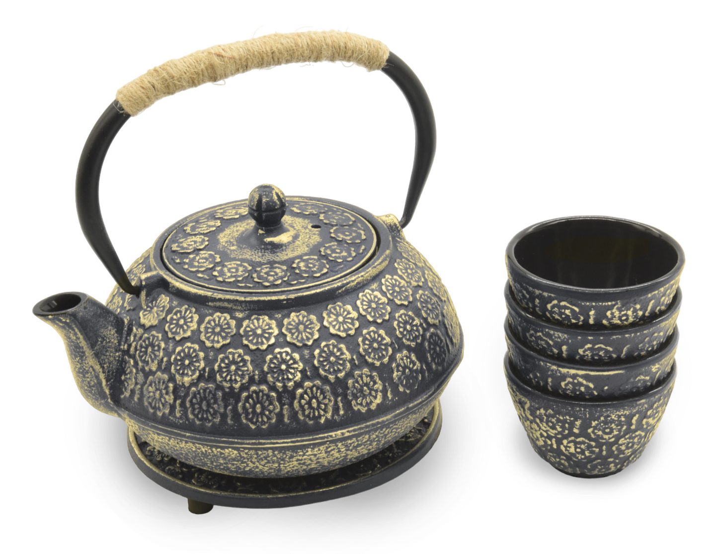 1.0 Liter Enamel Coated Cast Iron Sakura Blossom Teapot Set with 4 Cups and Stand (Gold)