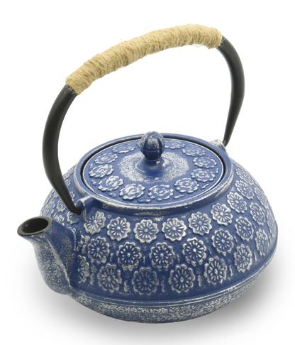 1.0 Liter Enamel Coated Cast Iron Sakura Blossom Teapot Set with 4 Cups and Stand (Blue)