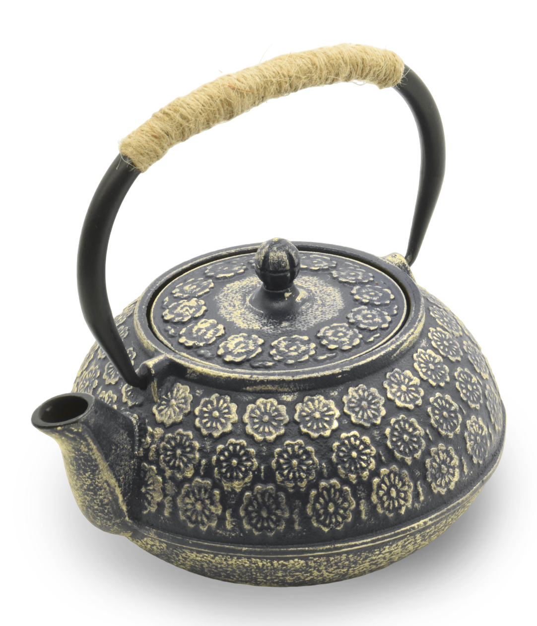 1.0 Liter Enamel Coated Cast Iron Sakura Blossom Teapot Set with 4 Cups and Stand (Gold)